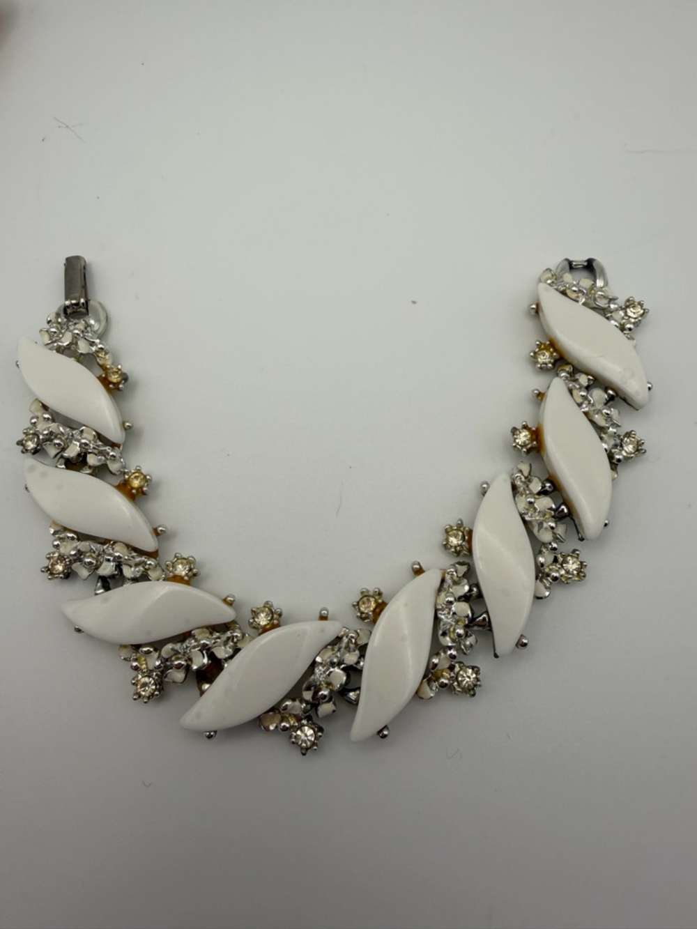 Vintage BSK White Navette Thermoset Link Statement Bracelet with Rhinestones
